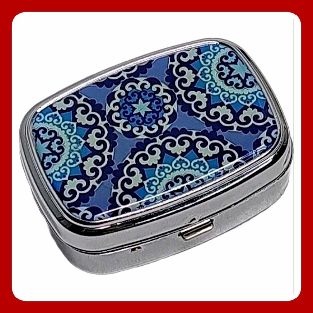 Unbranded Mandala Pattern Pill Box Blue Teal Mirror 2-Slot Travel‎ Case EUC